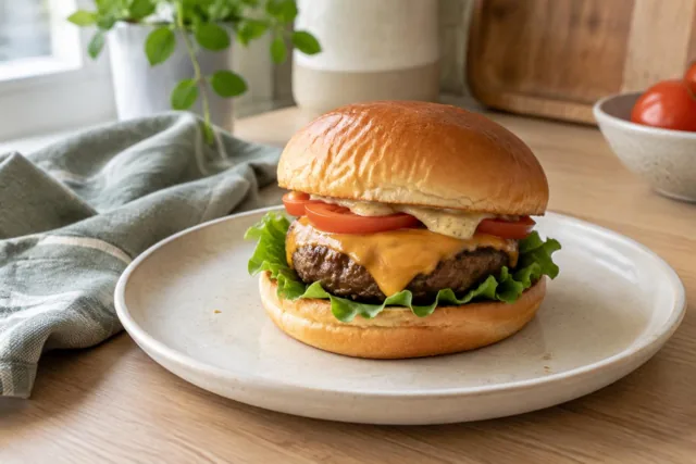 A burger with lettuce, tomato, cheese, and honey ranch sauce