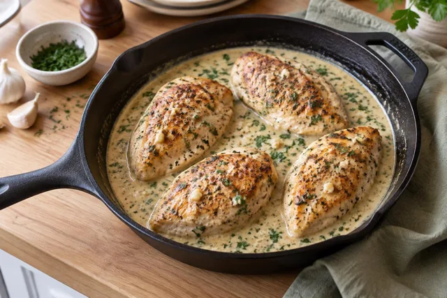 Golden chicken breasts in a skillet of creamy garlic sauce