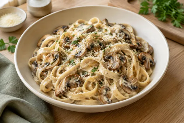A bowl of creamy ribbon pasta with golden mushrooms and parsley